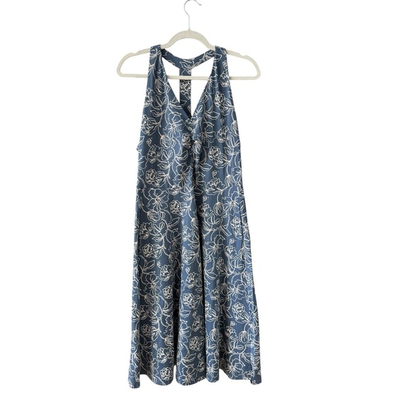 Pact Organic Cotton Fit & Flare Gathered Halter Dress Size LG Blue Floral Casual - Picture 10 of 12